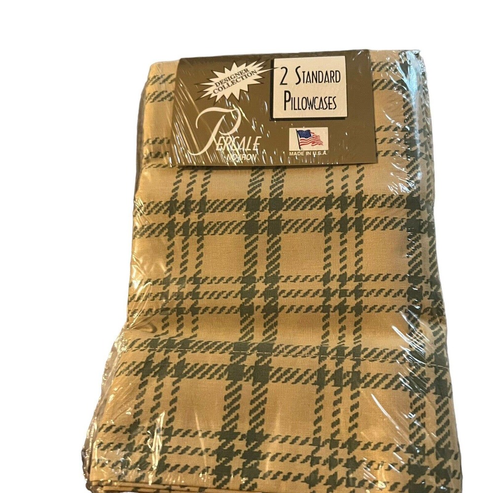 Designer Collection 2 Standard Pillowcases Percale Cotton Tan/Green Plaid USA